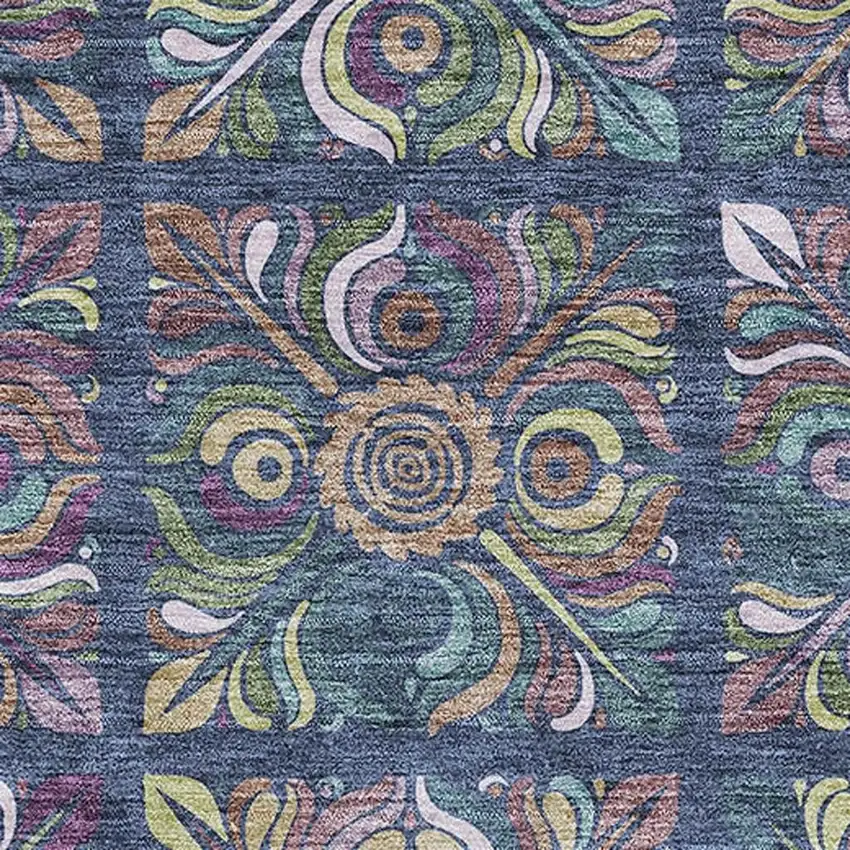 Navy Blue Purple And Teal Medallion Washable Area Rug With UV Protection Photo 1