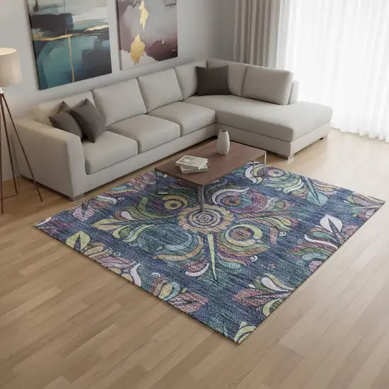 Navy Blue Purple And Teal Medallion Washable Area Rug With UV Protection Photo 2