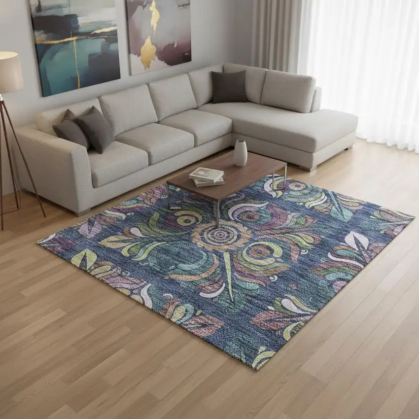 Navy Blue Purple And Teal Medallion Washable Area Rug With UV Protection Photo 2