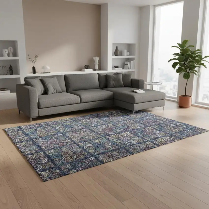 Navy Blue Purple And Teal Medallion Washable Area Rug With UV Protection Photo 2