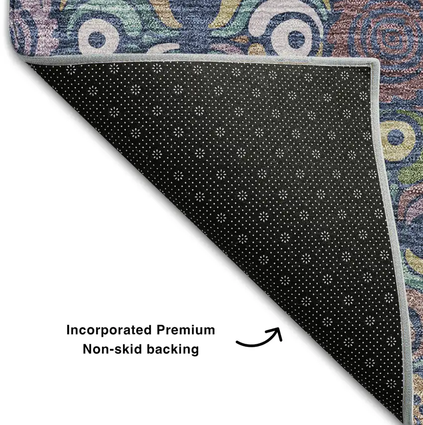 Navy Blue Purple And Teal Medallion Washable Area Rug With UV Protection Photo 6