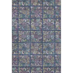 Photo of Navy Blue Purple And Teal Medallion Washable Area Rug With UV Protection