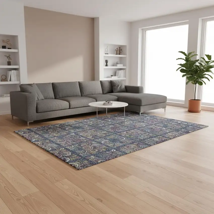 Navy Blue Purple And Teal Medallion Washable Area Rug With UV Protection Photo 2