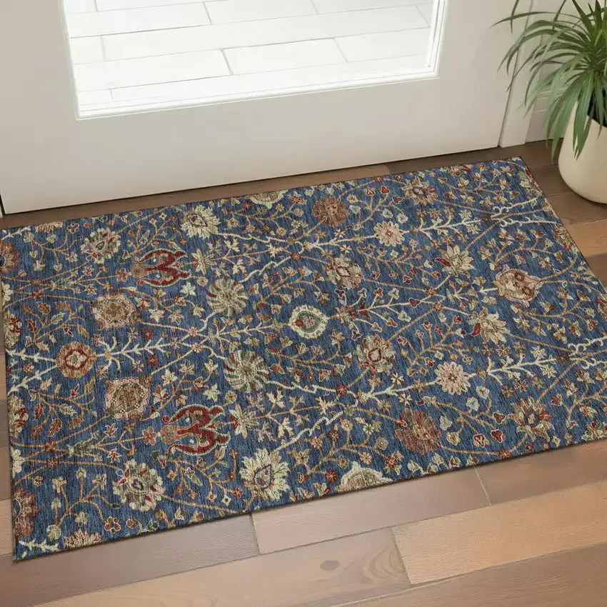 Navy Blue Red And Green Floral Washable Area Rug With UV Protection Photo 1
