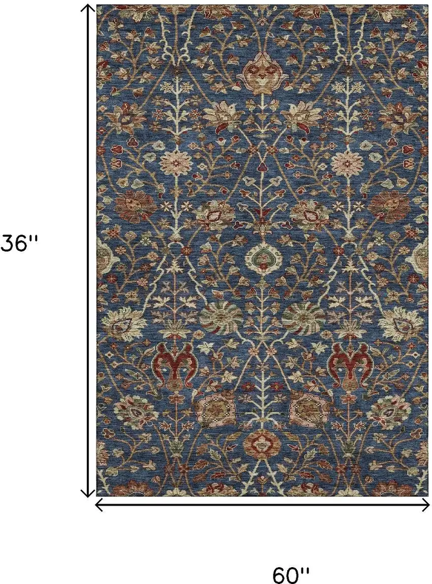 Navy Blue Red And Green Floral Washable Area Rug With UV Protection Photo 9