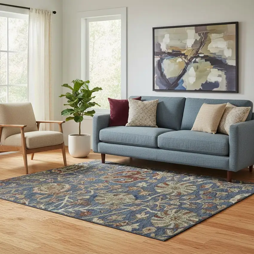 Navy Blue Red And Green Floral Washable Area Rug With UV Protection Photo 2