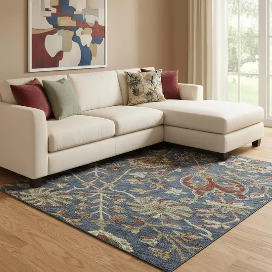 Navy Blue Red And Green Floral Washable Area Rug With UV Protection Photo 2