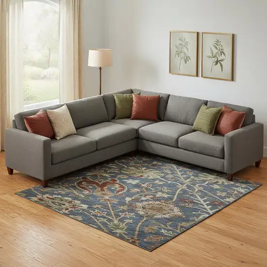 Navy Blue Red And Green Floral Washable Area Rug With UV Protection Photo 2