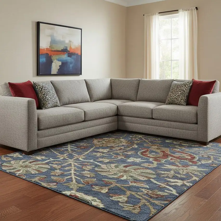 Navy Blue Red And Green Floral Washable Area Rug With UV Protection Photo 2