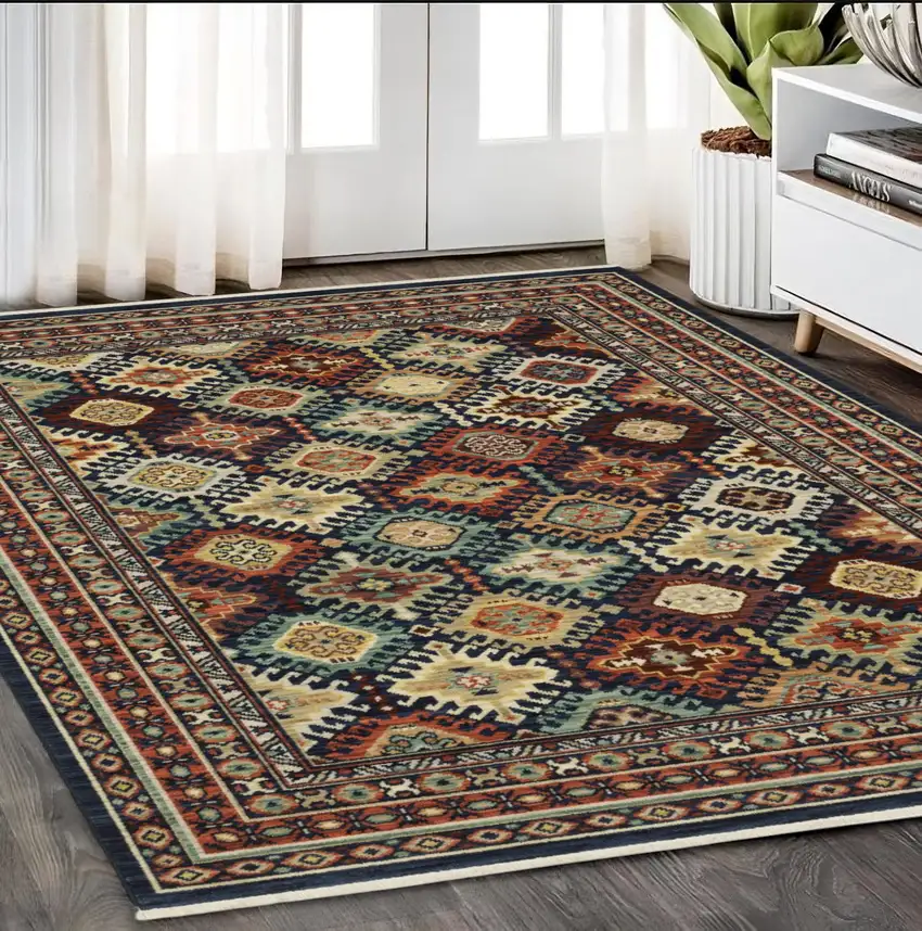 Navy Blue Red And Orange Oriental Area Rug With Fringe Photo 1