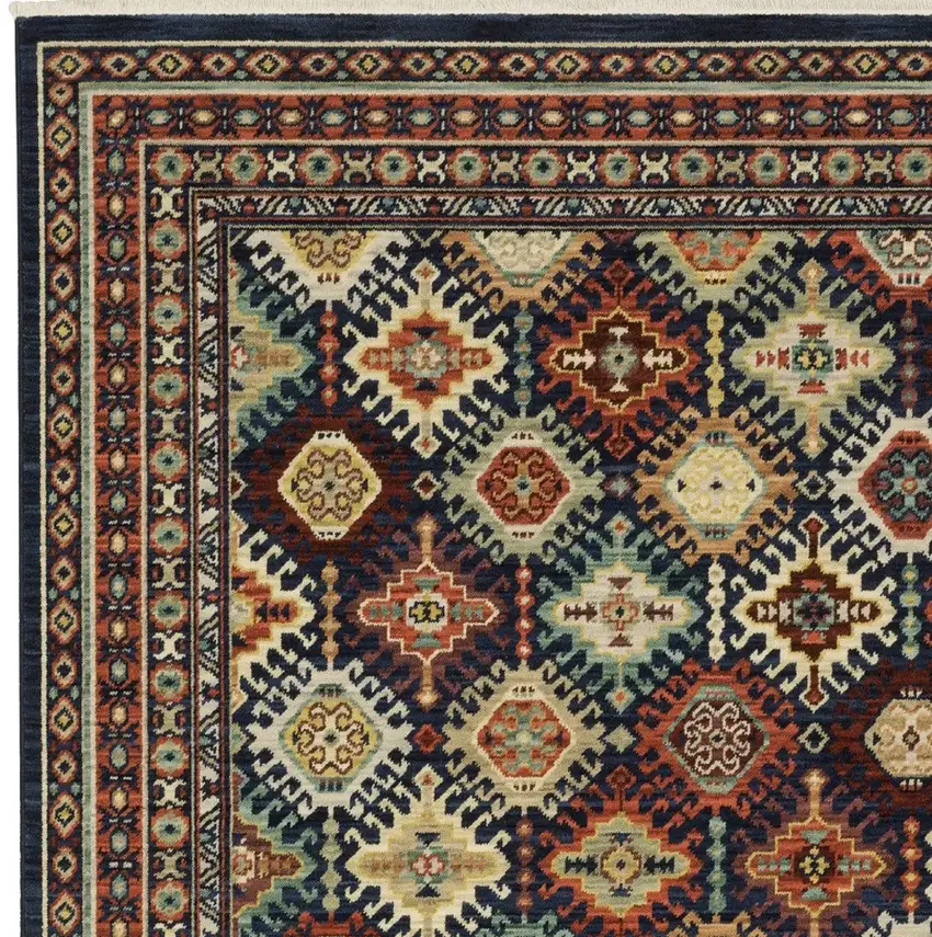Navy Blue Red And Orange Oriental Area Rug With Fringe Photo 8