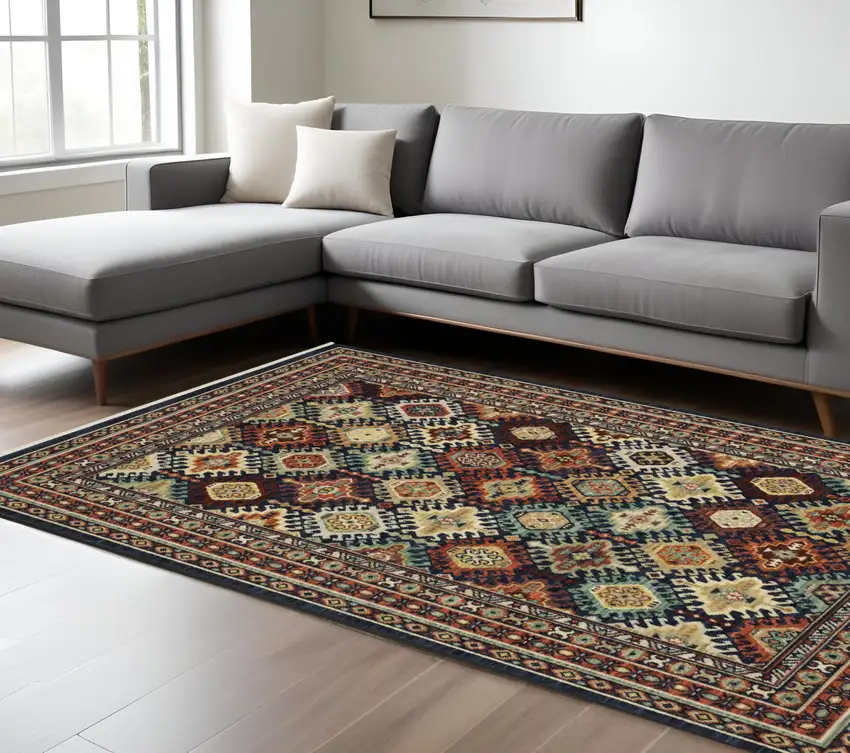 Navy Blue Red And Orange Oriental Area Rug With Fringe Photo 1