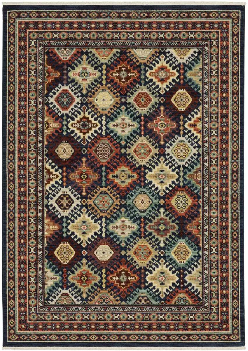Navy Blue Red And Orange Oriental Area Rug With Fringe Photo 5