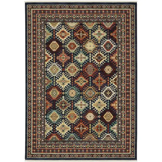 Navy Blue Red And Orange Oriental Area Rug With Fringe Photo 2