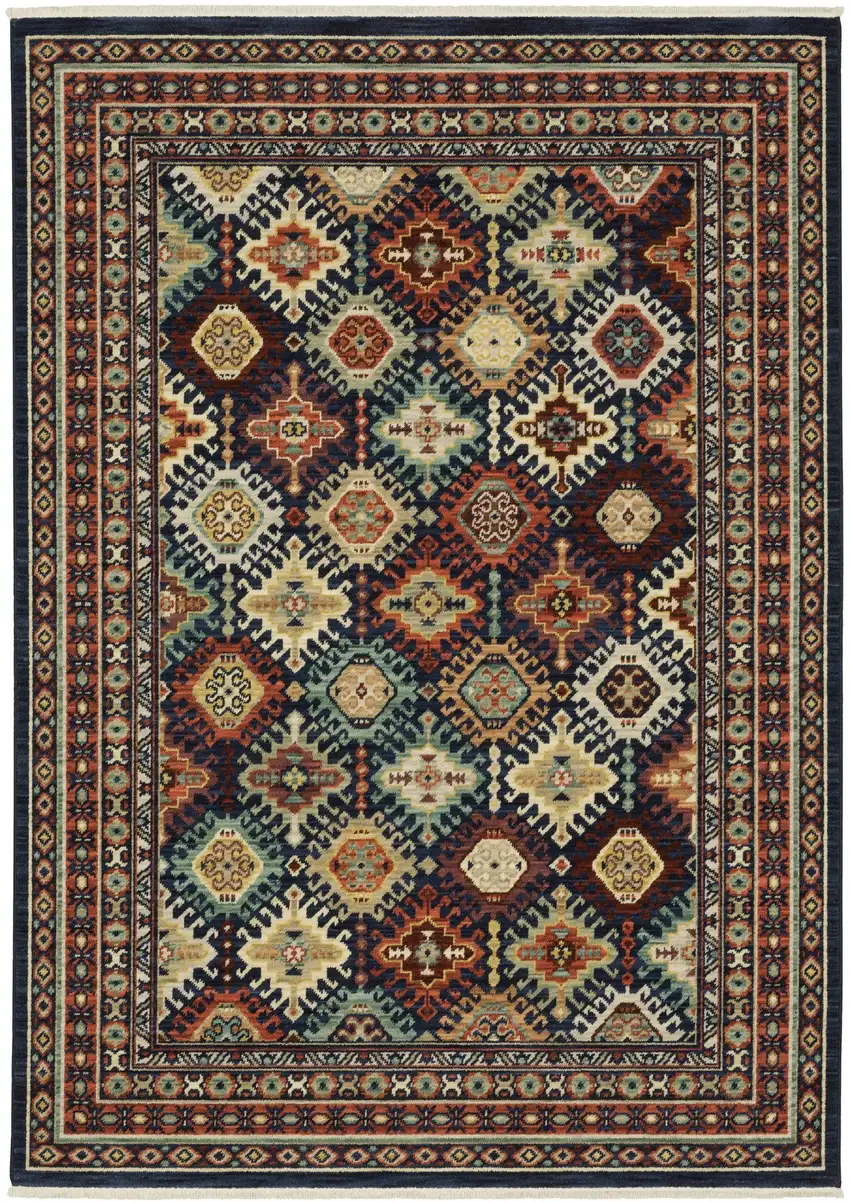Navy Blue Red And Orange Oriental Area Rug With Fringe Photo 2