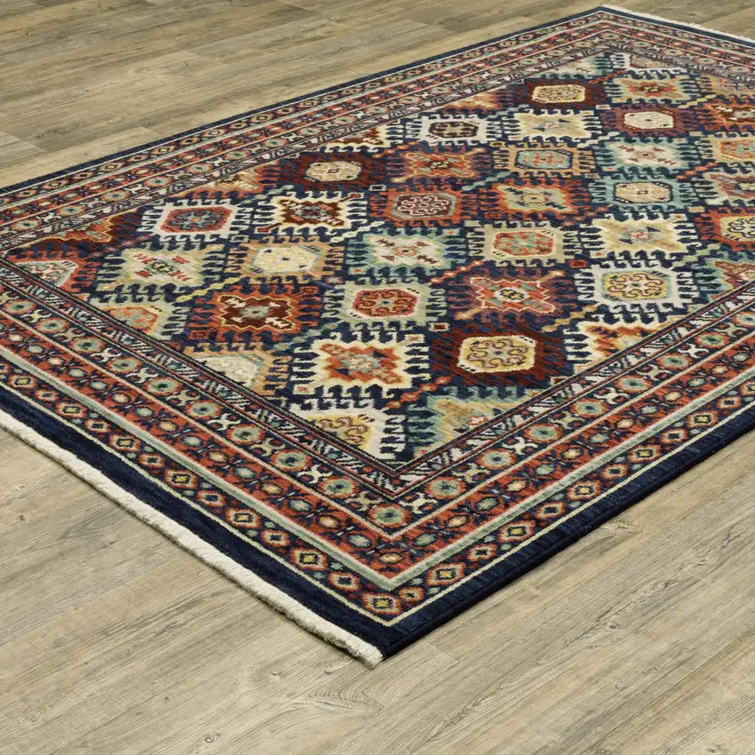 Navy Blue Red And Orange Oriental Area Rug With Fringe Photo 9
