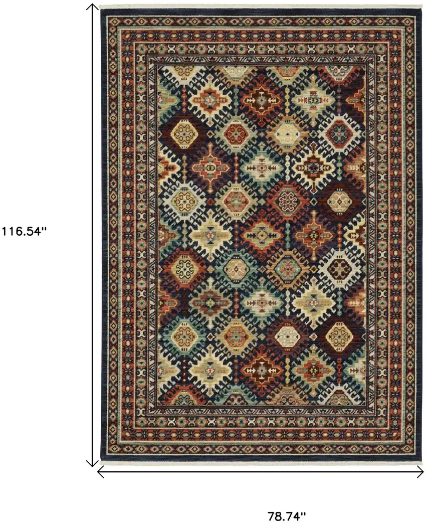 Navy Blue Red And Orange Oriental Area Rug With Fringe Photo 3