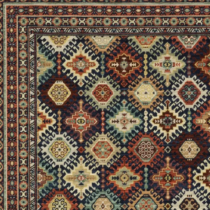 Navy Blue Red And Orange Oriental Area Rug With Fringe Photo 7