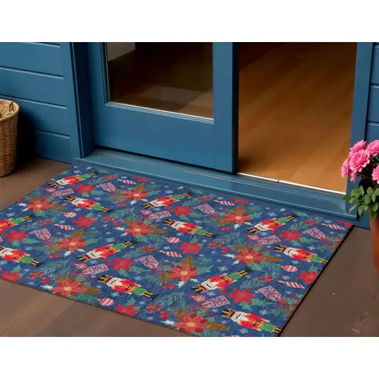Navy Blue Red Black Pink And Brown Floral Washable Indoor Outdoor Area Rug Photo 2