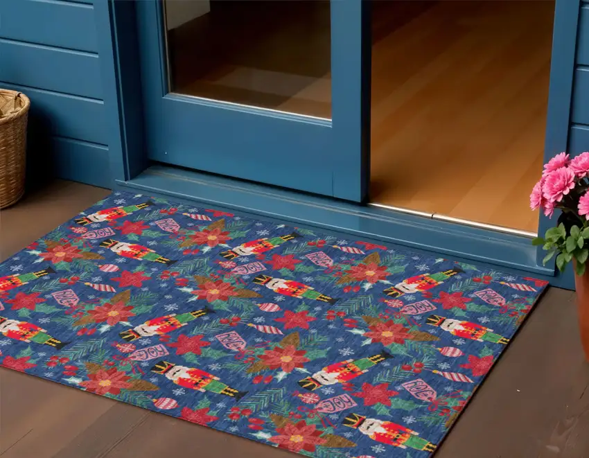 Navy Blue Red Black Pink And Brown Floral Washable Indoor Outdoor Area Rug Photo 2