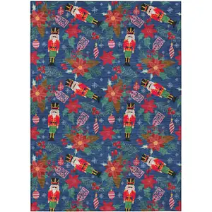 Photo of Navy Blue Red Black Pink And Brown Floral Washable Indoor Outdoor Area Rug