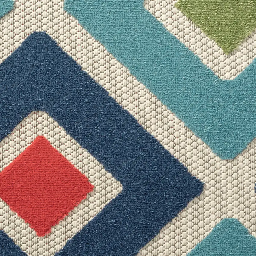 Navy Blue Red Orange And Off White Geometric Stain Resistant Indoor Outdoor Area Rug Photo 2