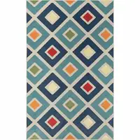 Photo of Navy Blue Red Orange And Off White Geometric Stain Resistant Indoor Outdoor Area Rug
