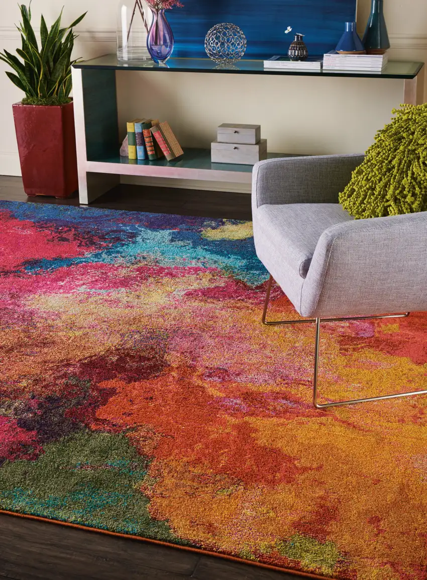 Navy Blue Red and Orange Abstract Non Skid Area Rug Photo 7