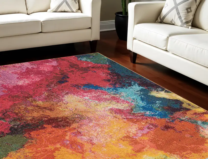Navy Blue Red and Orange Abstract Non Skid Area Rug Photo 1