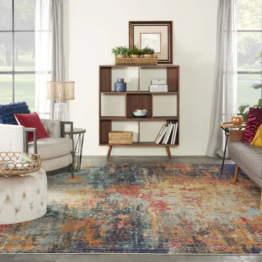 Navy Blue Red and Orange Abstract Non Skid Area Rug Photo 6