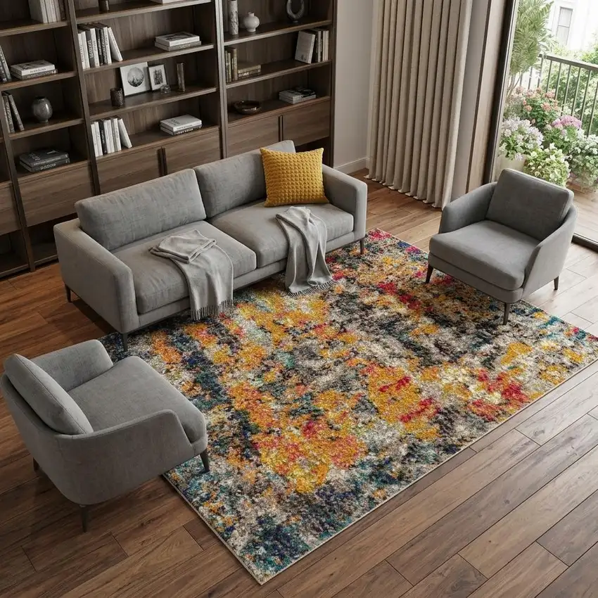 Navy Blue Red and Orange Abstract Non Skid Area Rug Photo 1