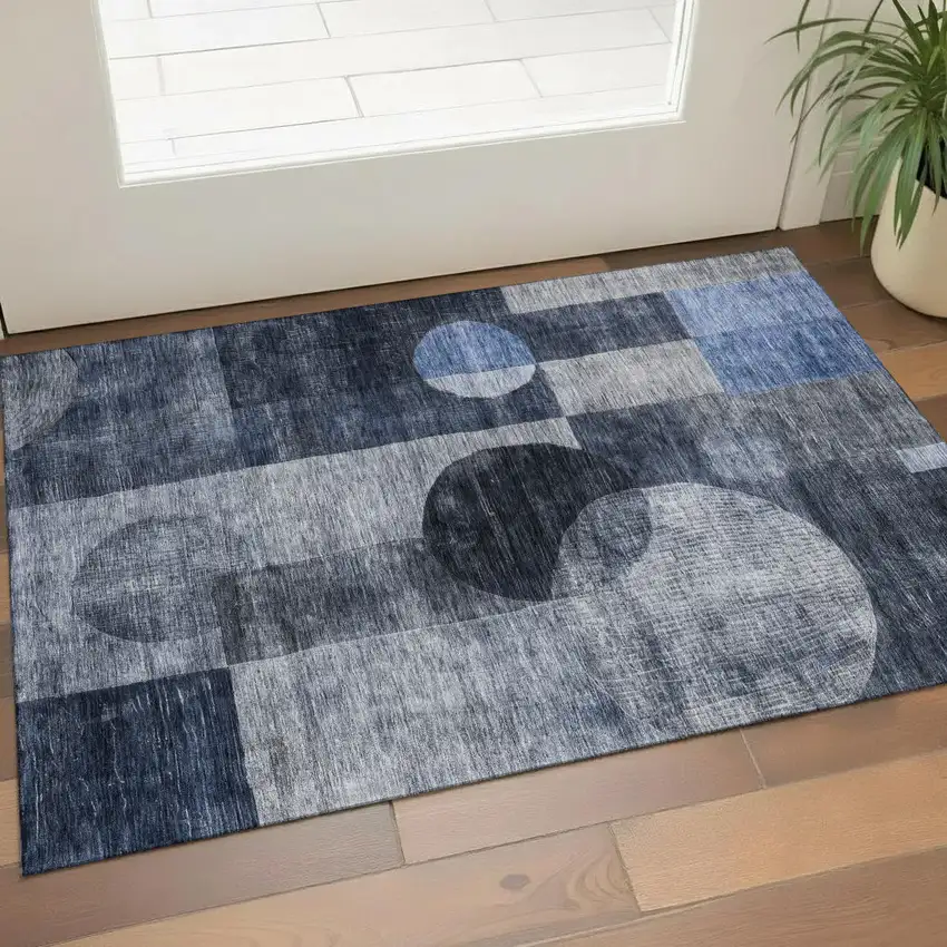 Navy Blue Silver And Charcoal Geometric Washable Area Rug With UV Protection Photo 1