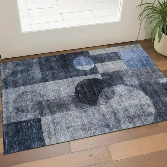 Navy Blue Silver And Charcoal Geometric Washable Area Rug With UV Protection Photo 1