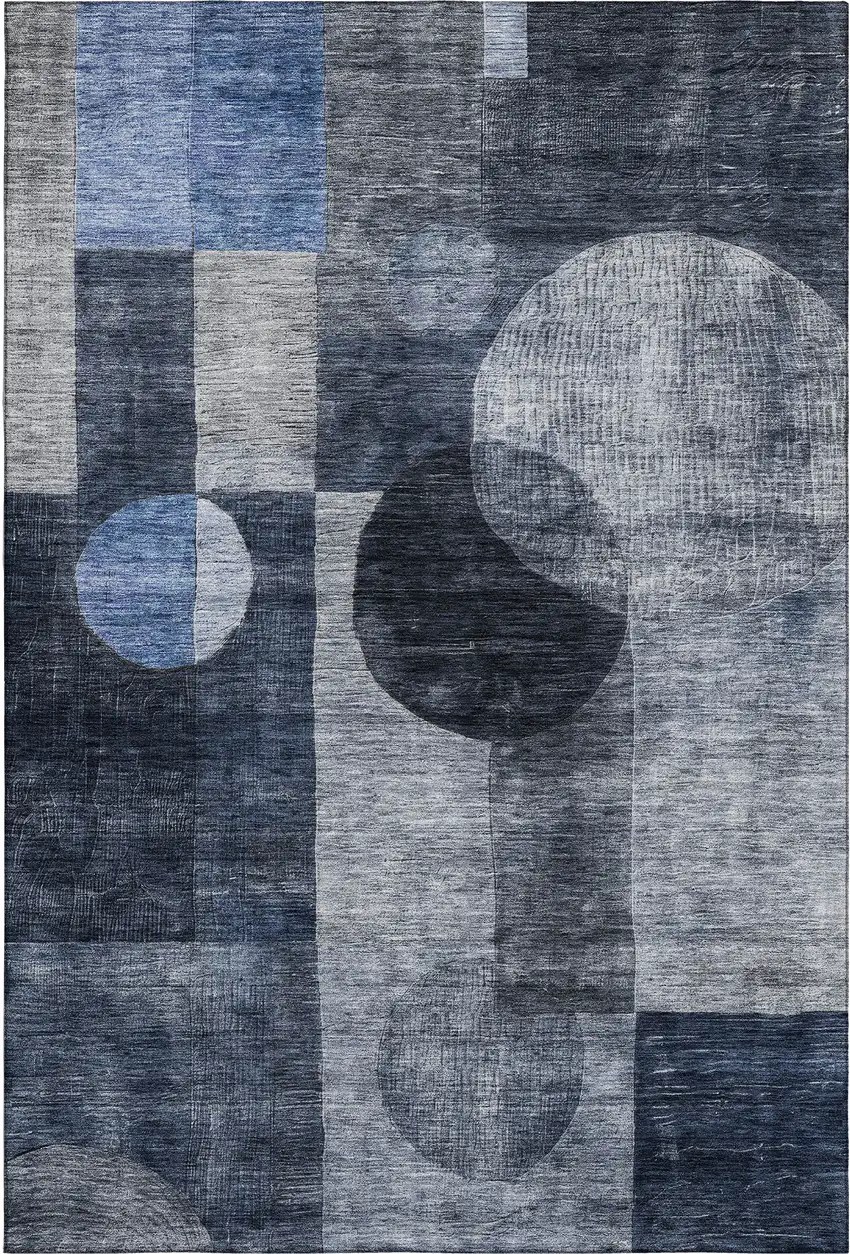 Navy Blue Silver And Charcoal Geometric Washable Area Rug With UV Protection Photo 1