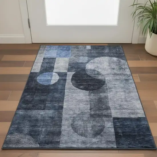 Navy Blue Silver And Charcoal Geometric Washable Area Rug With UV Protection Photo 2