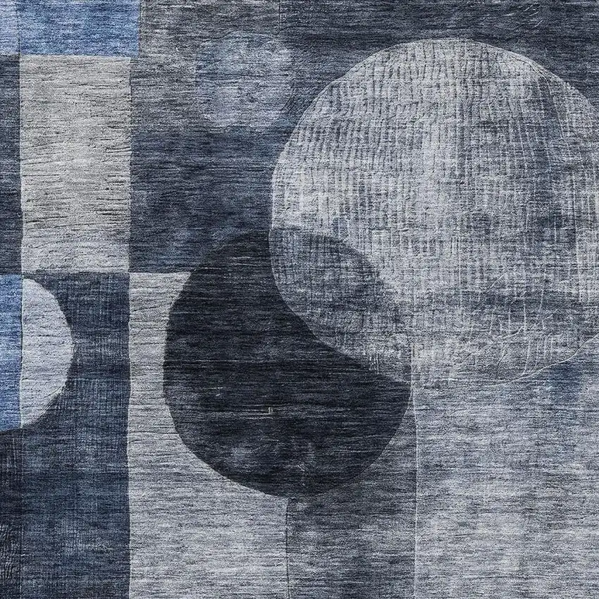 Navy Blue Silver And Charcoal Geometric Washable Area Rug With UV Protection Photo 2