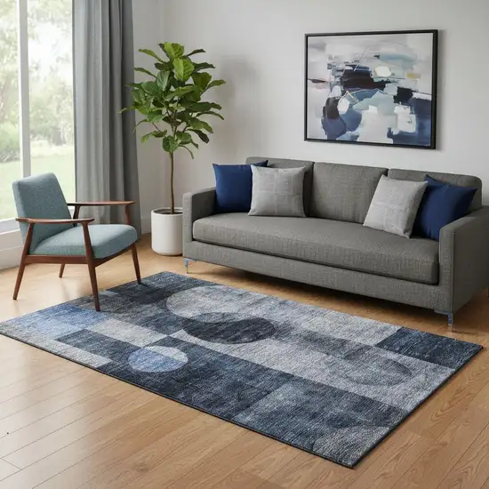 Navy Blue Silver And Charcoal Geometric Washable Area Rug With UV Protection Photo 2