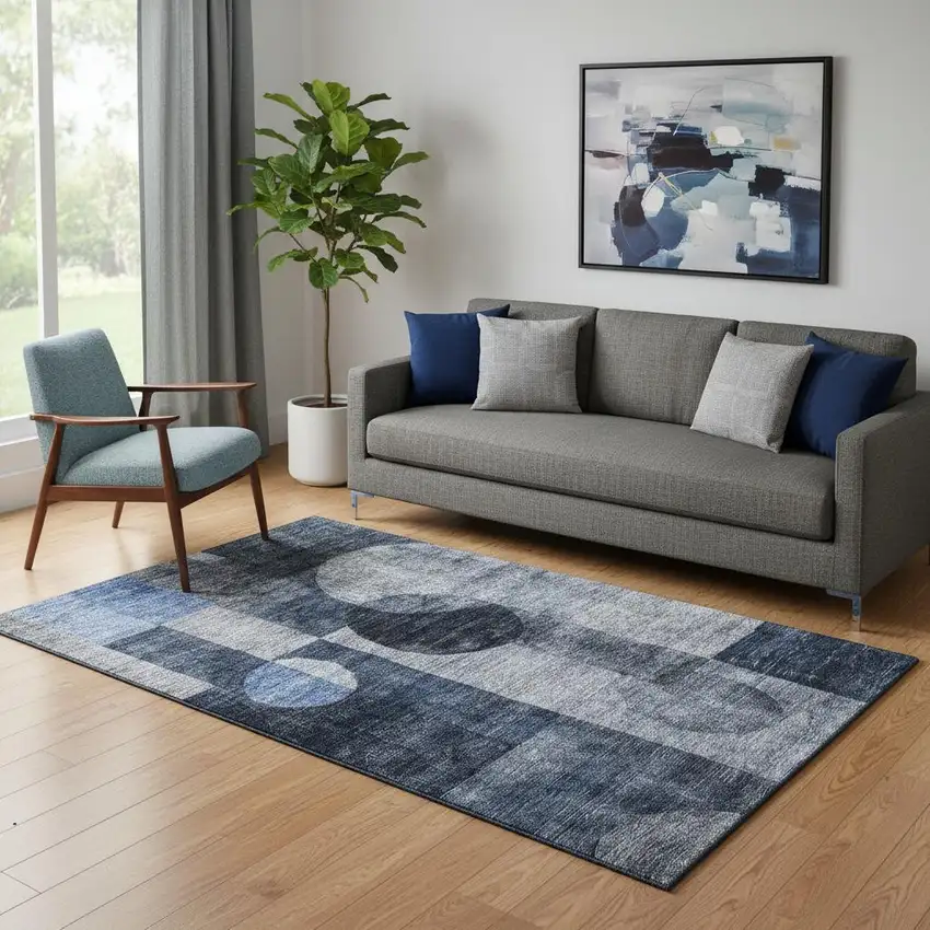 Navy Blue Silver And Charcoal Geometric Washable Area Rug With UV Protection Photo 2