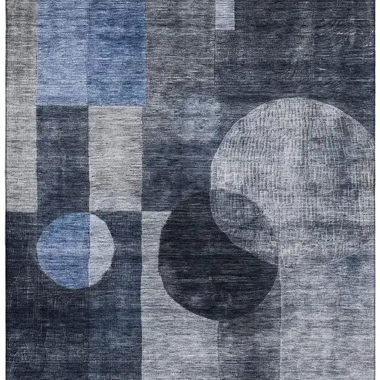 Navy Blue Silver And Charcoal Geometric Washable Area Rug With UV Protection Photo 2