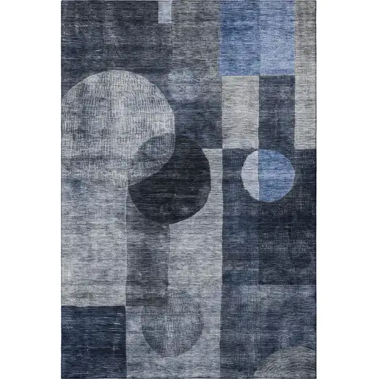 Navy Blue Silver And Charcoal Geometric Washable Area Rug With UV Protection Photo 3