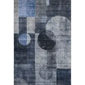 Photo of Navy Blue Silver And Charcoal Geometric Washable Area Rug With UV Protection