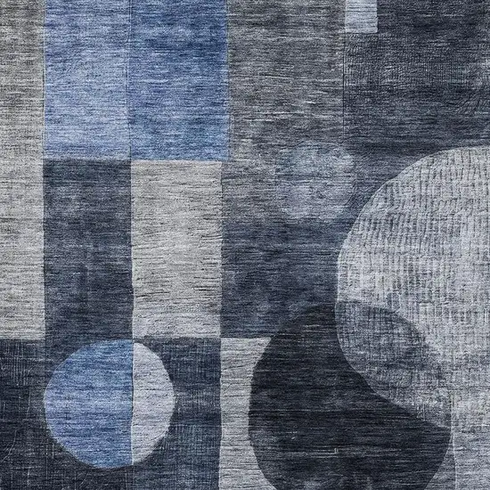 Navy Blue Silver And Charcoal Geometric Washable Area Rug With UV Protection Photo 2