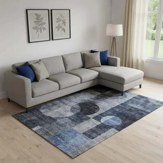 Navy Blue Silver And Charcoal Geometric Washable Area Rug With UV Protection Photo 2