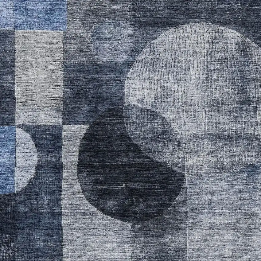 Navy Blue Silver And Charcoal Geometric Washable Area Rug With UV Protection Photo 2