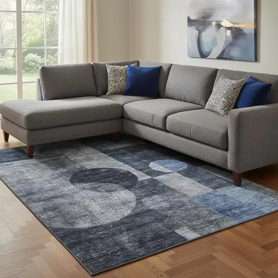 Navy Blue Silver And Charcoal Geometric Washable Area Rug With UV Protection Photo 2