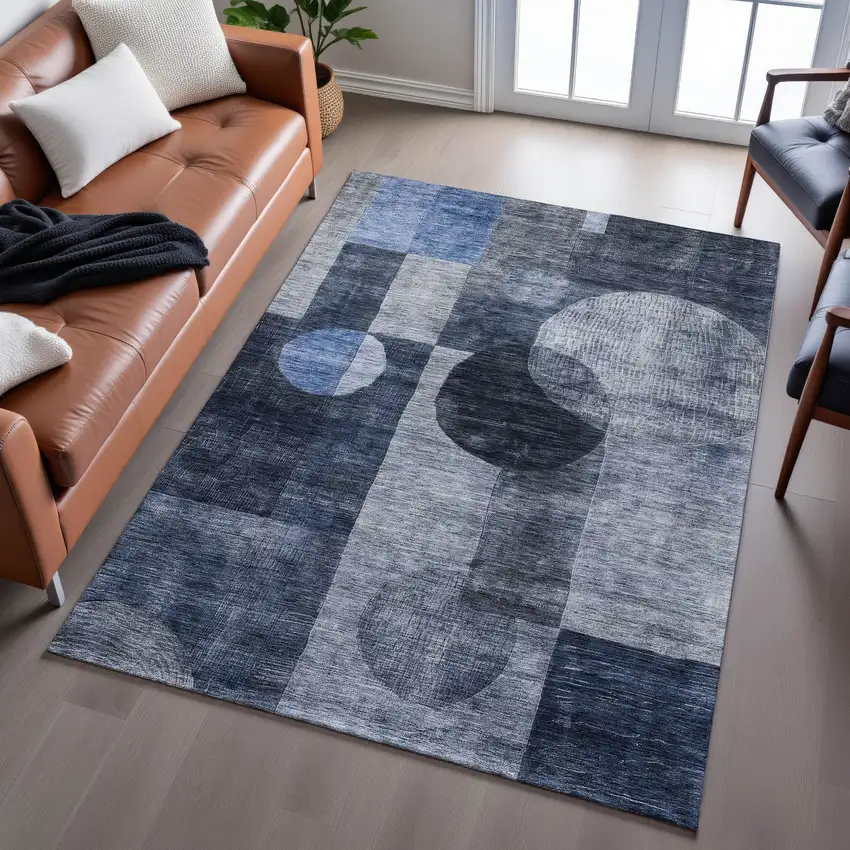 Navy Blue Silver And Charcoal Geometric Washable Area Rug With UV Protection Photo 4
