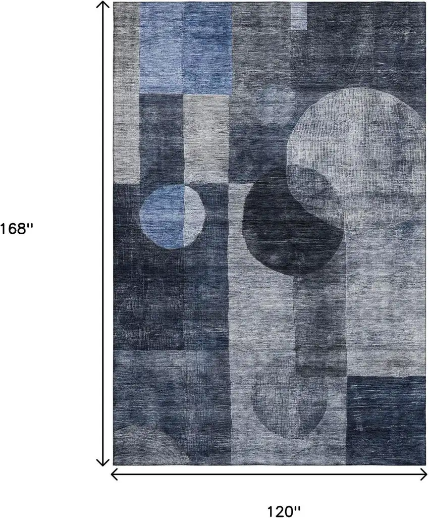 Navy Blue Silver And Charcoal Geometric Washable Area Rug With UV Protection Photo 9