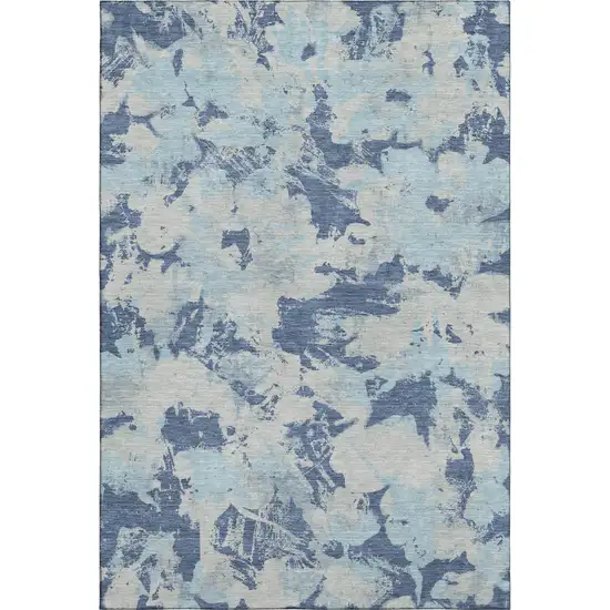 Navy Blue Silver And Sky Blue Floral Washable Area Rug With UV Protection Photo 1