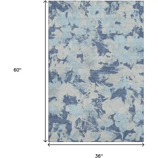 Navy Blue Silver And Sky Blue Floral Washable Area Rug With UV Protection Photo 3
