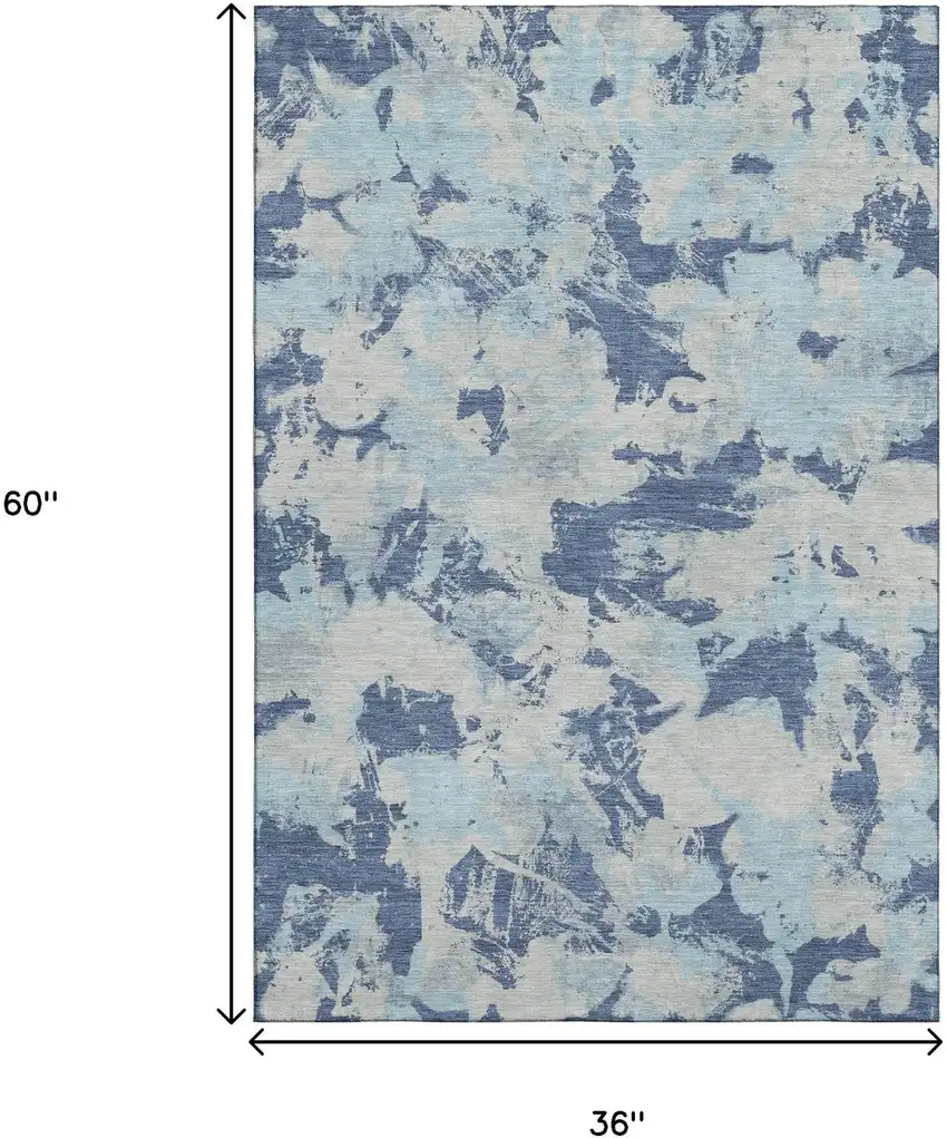 Navy Blue Silver And Sky Blue Floral Washable Area Rug With UV Protection Photo 3